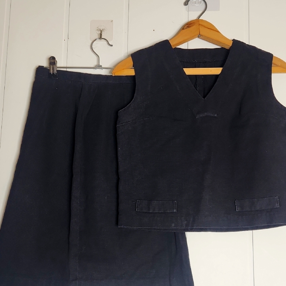 2-piece Matching Skirt Set 50's Handmade Euro Black Linen Pencil Skirt Crop Vest